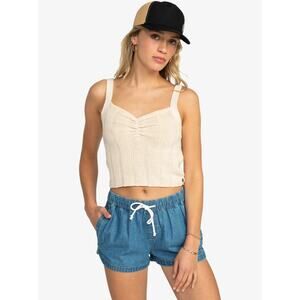 Roxy Top Cream Knit Tank Sweater Ribbed Ruched V Neck Crop Top Size Large